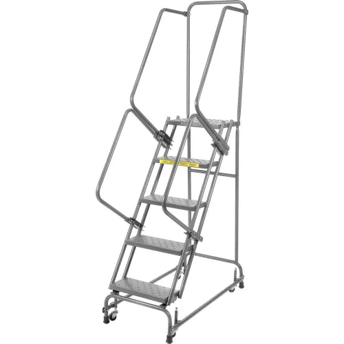 Ballymore FSH518P 5 step steel rolling ladder with handrails and spring loaded casters, one of the six folding and rolling ladders sized in this guide