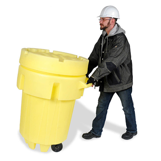 UltraTech 0584 Overpack Plus 95 wheeled salvage drum being pushed across a warehouse floor, sized in this overpack drum guide