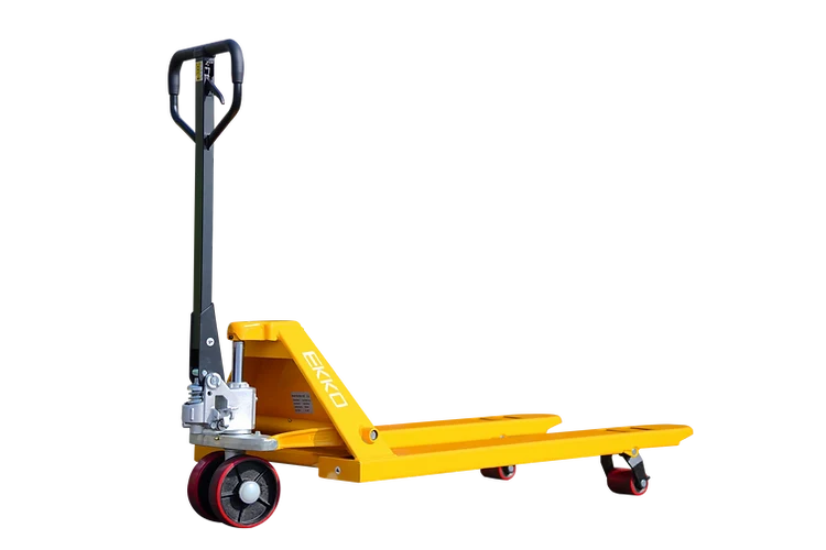 EKKO A25 manual pallet jack with 27 by 48 inch forks, the standard size compared against narrow and heavy-duty trucks in this guide