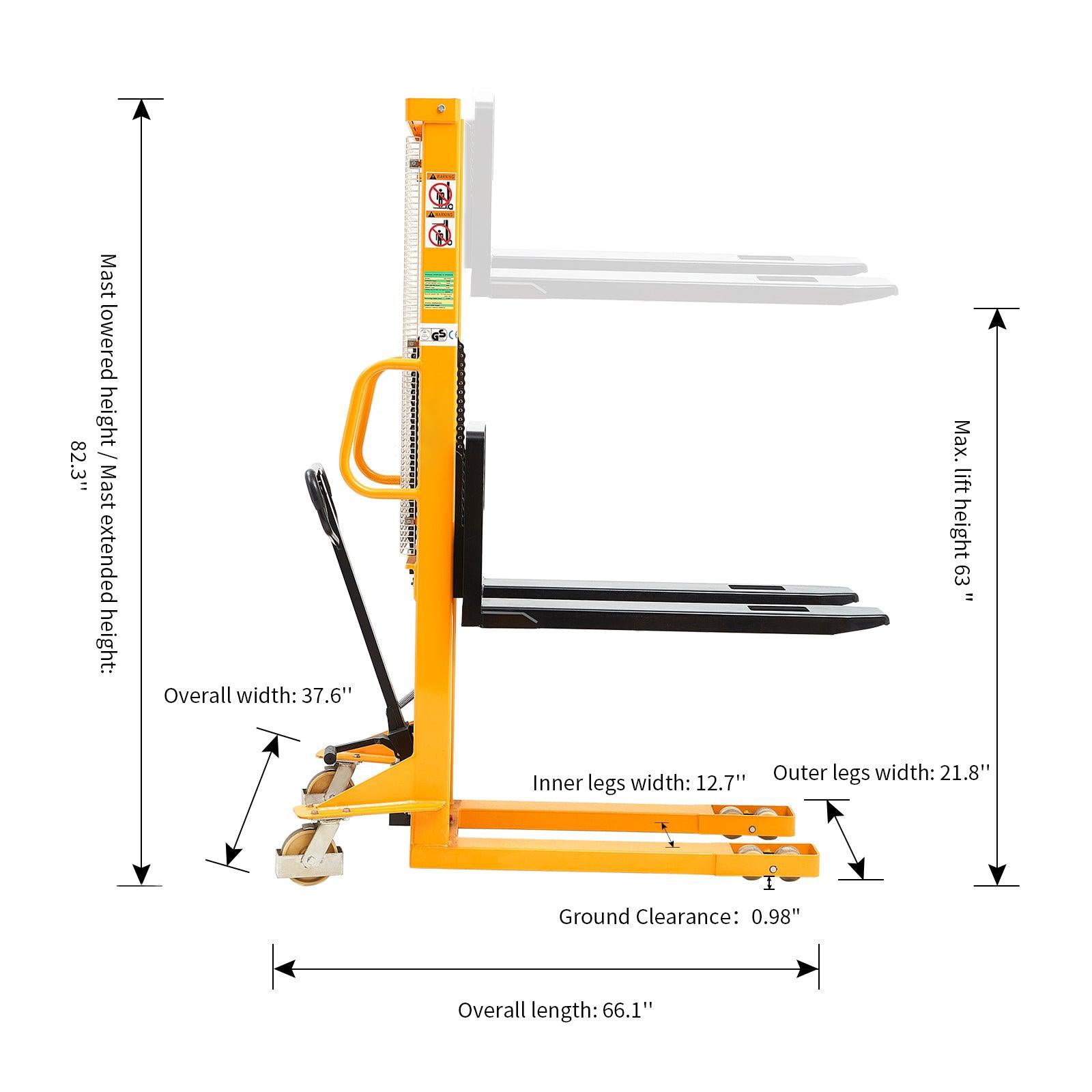 Apollolift Manual Hydraulic Pallet Stacker Adjustable Forks 2200lbs Cap. 63