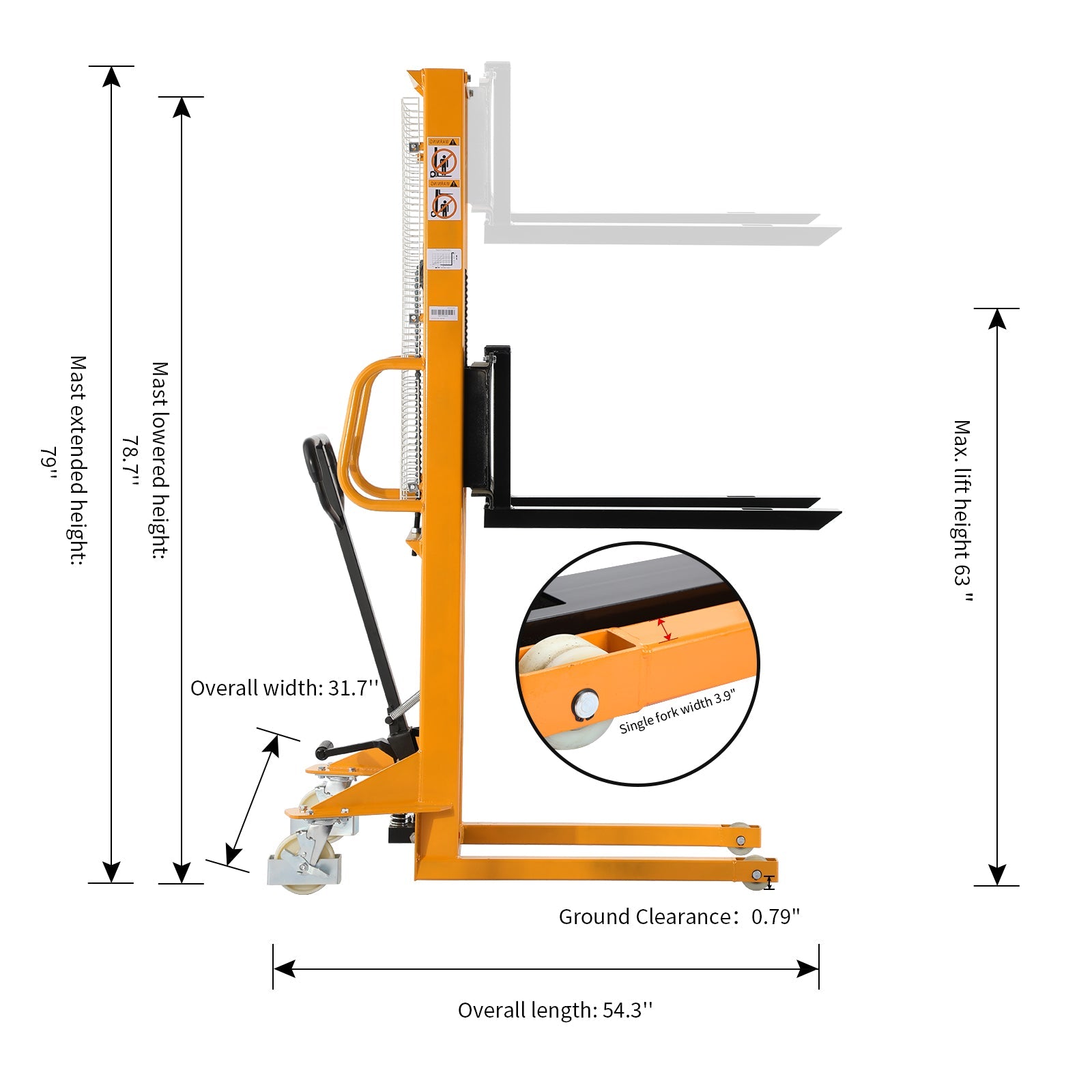 Apollolift Manual Pallet Stacker Adjustable Forks 1100lbs Cap. 63