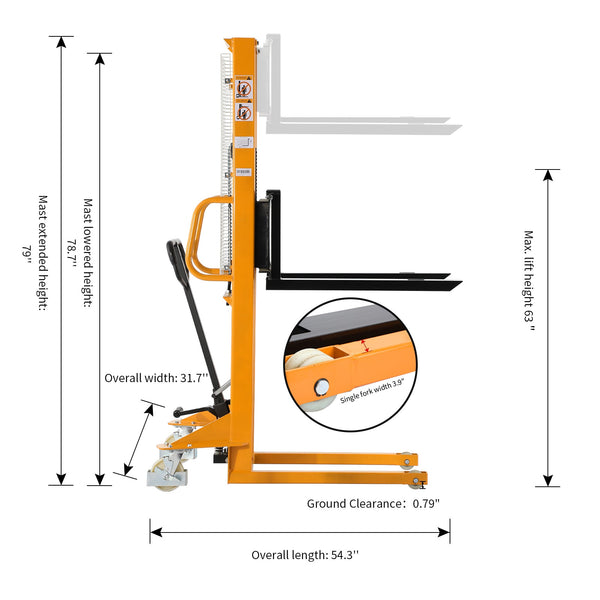 Apollolift Manual Pallet Stacker Adjustable Forks 1100lbs Cap. 63" Lift Height A-3002