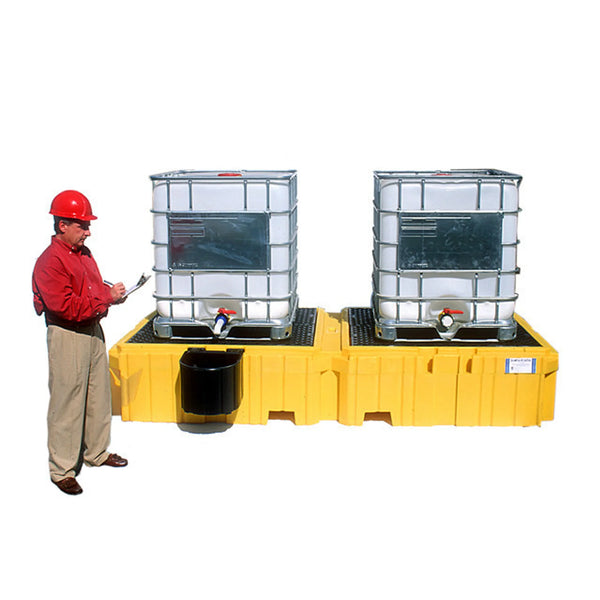UltraTech 1146 Twin IBC Spill Pallet With 1 left side bucket shelf, With Drain