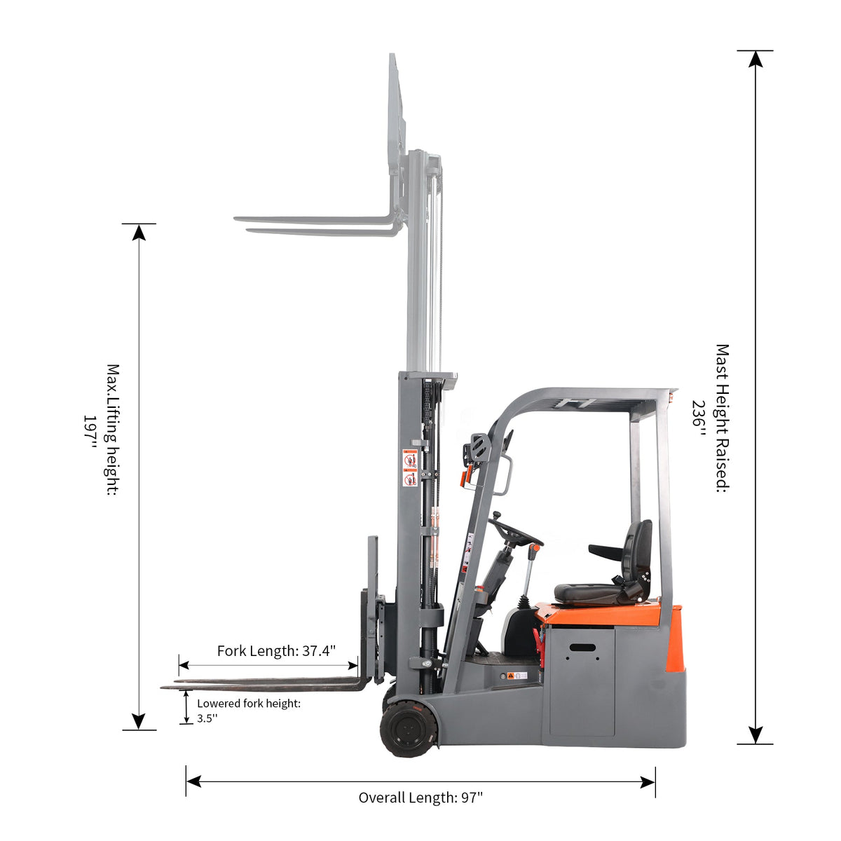 Apollolift A-3041 3-Wheel Electric 24V Lead-Acid Forklift | 3300lb Capacity | 197"Lift Height