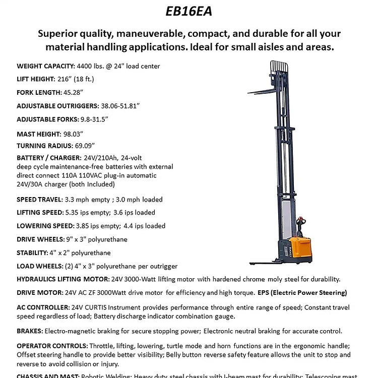 EKKO EB16EA Full Powered Straddle Stacker 4400 lb Cap., 216