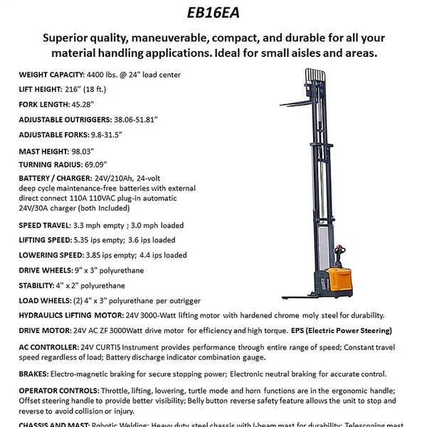 EKKO EB16EA Full Powered Straddle Stacker 4400 lb Cap., 216" Height - Warehouse Gear Hub 