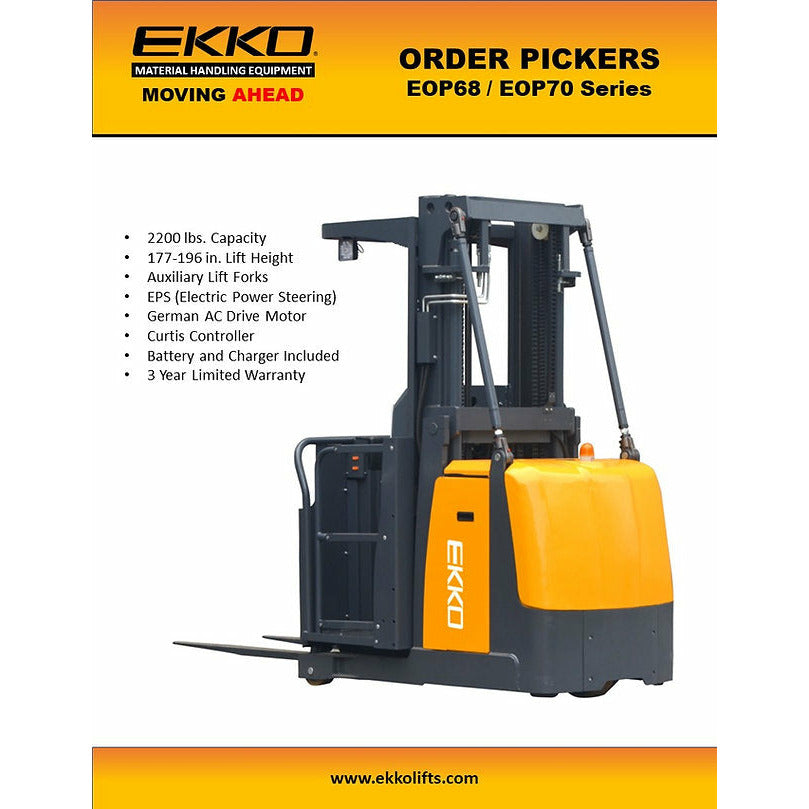 EKKO EOP70 42" Fork Electric Mid-Level Order Picker with 196" Lift and 2200 lb Load Capacity