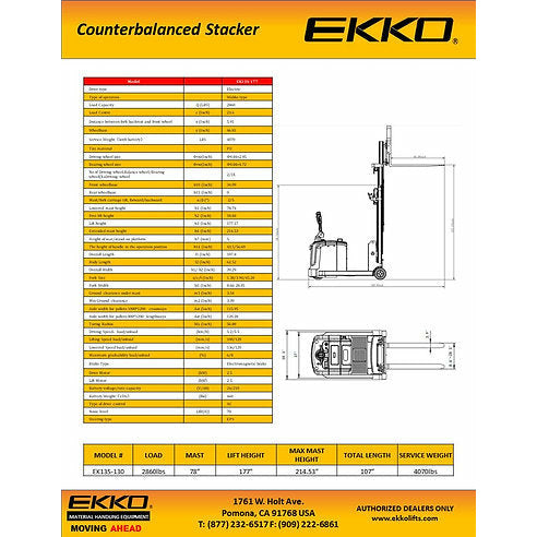 EKKO EK13S-177 Counterbalanced Walkie Stacker | Side-Shifting | 177” Lift Height | 2860 lb Capacity |