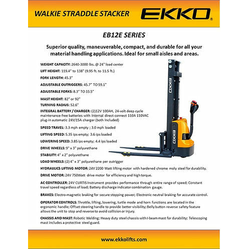 EKKO EB12E-138 Electric Straddle Stacker | 138