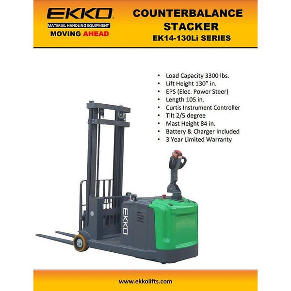 EKKO EK14S-130LI Lithium Counterbalanced Walkie Stacker | SIDE-SHIFTING | 130" Lift Height | 3300 lb Capacity | EK14S-130LI