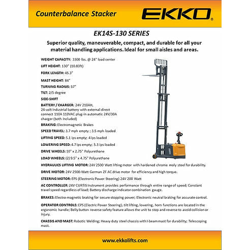 EKKO EK14S-130 Counterbalanced Walkie Stacker | Side-Shifting | 130” Lift Height | 3300 lb Capacity |