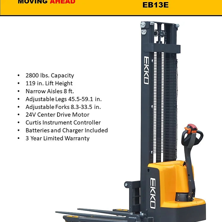 EKKO EB13E-138 Full Powered Straddle Stacker 2800 lb Cap., 138" Height - Warehouse Gear Hub 