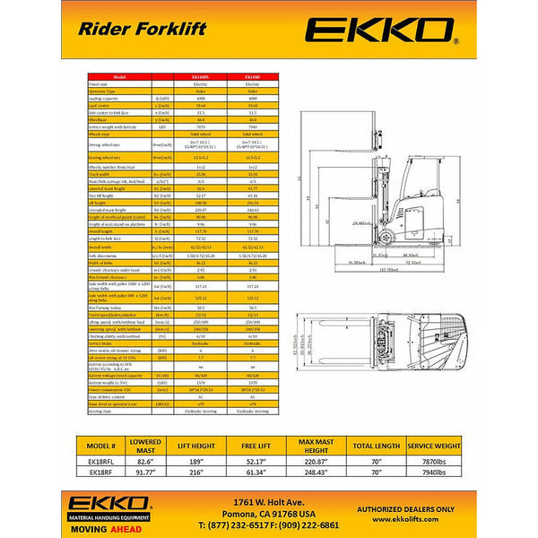EKKO EK18RFL Stand-up Rider Forklift, 4000 lb Cap., 189" Lift Ht. 48V