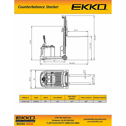 EKKO EK14S-130 Counterbalanced Walkie Stacker | Side-Shifting | 130” Lift Height | 3300 lb Capacity |