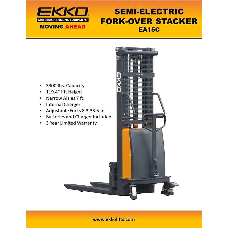 EKKO EA15C Semi-Electric Straddle Stacker | 119" Lift Height | 3300 lb Capacity
