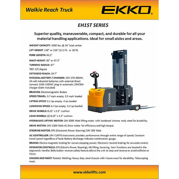 EKKO EH15TH Moving Mast Walkie Reach Truck 3300 lb Cap., 216" Height