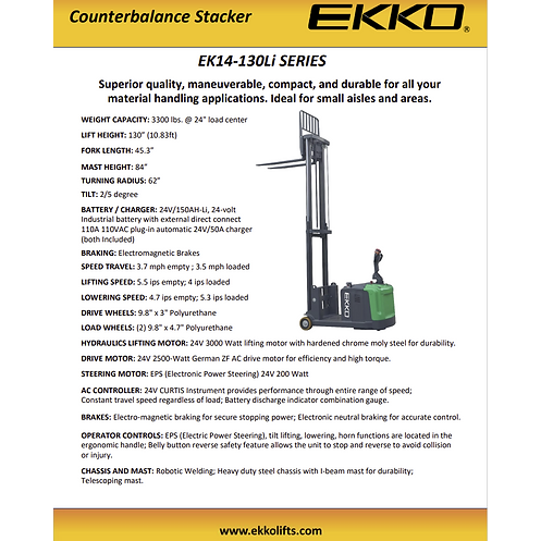 EKKO EK14-130Li Lithium Counterbalanced Walkie Stacker | 130" Lift Height | 3300 lb Capacity |