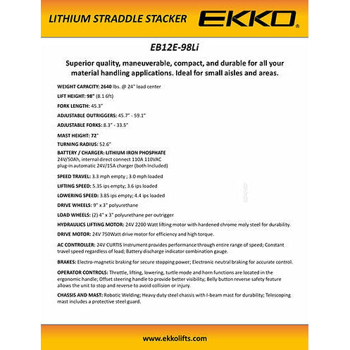 EKKO EB12E-98Li Lithium Straddle Stacker | 98" Lift Height | 2640 lb Capacity |