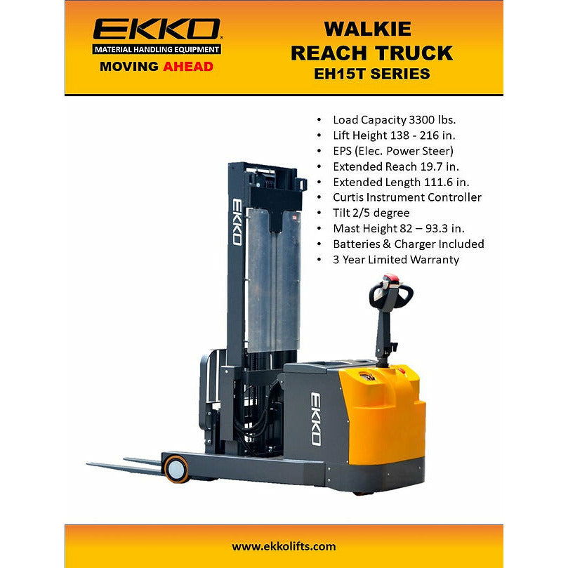 EKKO EH15TH Moving Mast Walkie Reach Truck 3300 lb Cap., 216