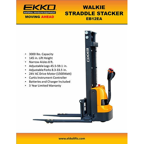EKKO EB12EA Electric Straddle Stacker | 145" Lift Height | 3000 lb Capacity |