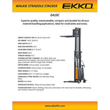 EKKO EA15C Semi-Electric Straddle Stacker | 119" Lift Height | 3300 lb Capacity
