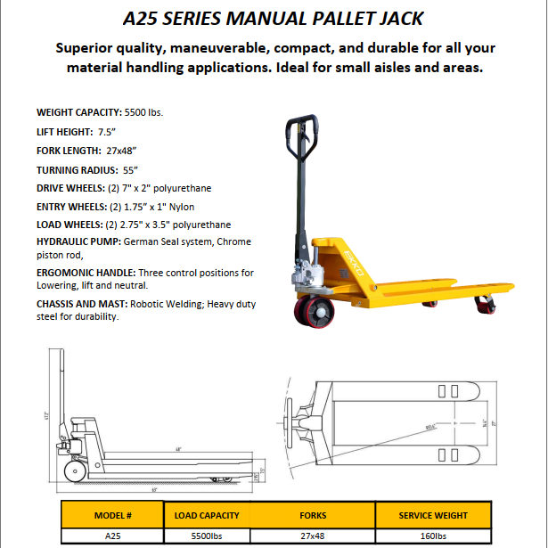 EKKO A25 Manual Hand Pallet Jack 5500lbs 48