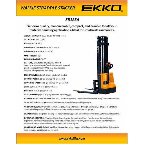 EKKO EB12EA Electric Straddle Stacker | 145