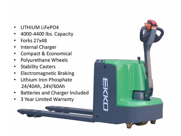 EKKO EP20LI Lithium Iron Phosphate Pallet Jack 4400 lb Capacity - Warehouse Gear Hub 