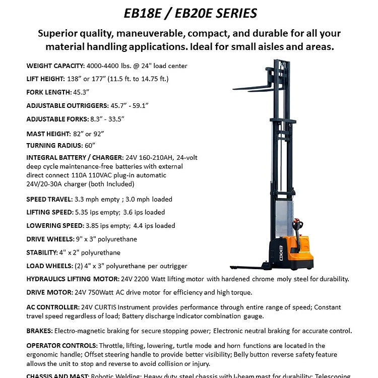 EKKO EB20E Full Powered Straddle Stacker 4400 lb Cap., 177" Height - Warehouse Gear Hub 