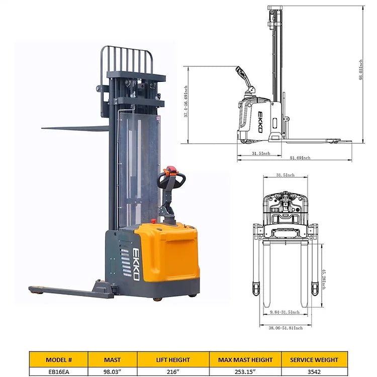 EKKO EB16EA Full Powered Straddle Stacker 4400 lb Cap., 216