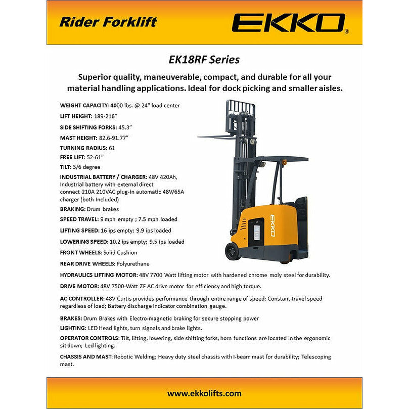 EKKO EK18RFL Stand-up Rider Forklift, 4000 lb Cap., 189