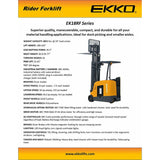 EKKO EK18RFL Stand-up Rider Forklift, 4000 lb Cap., 189" Lift Ht. 48V