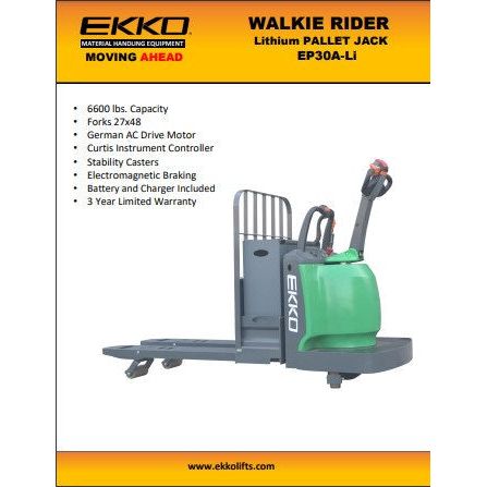 EKKO EP30A-LI Rider Pallet Jack | 6600 lb Capacity |