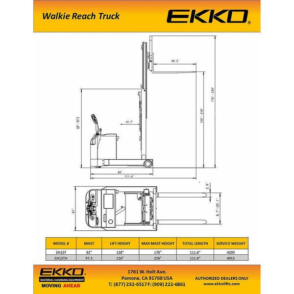 EKKO EH15TH Moving Mast Walkie Reach Truck 3300 lb Cap., 216" Height