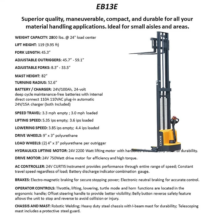 EKKO EB13E-138 Full Powered Straddle Stacker 2800 lb Cap., 138" Height - Warehouse Gear Hub 