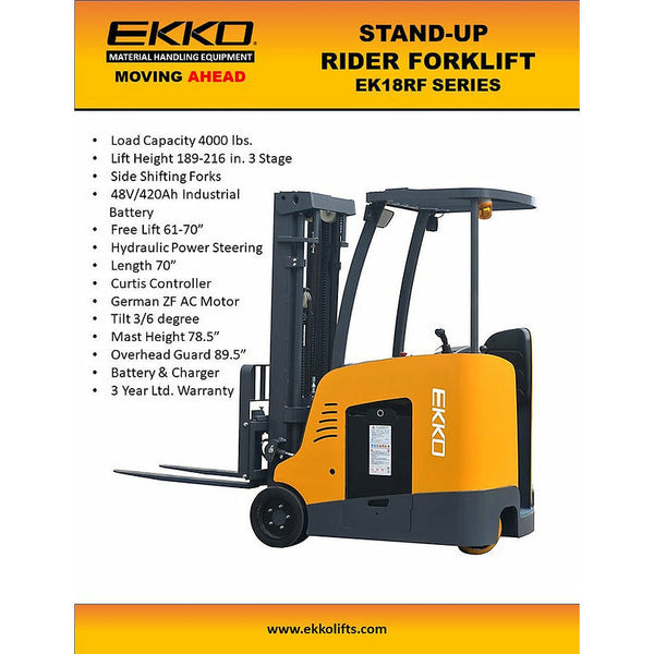 EKKO EK18RF Stand-up Rider Forklift, 4000 lb Cap., 216" Lift Ht. 48V