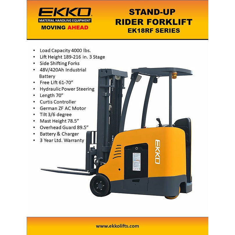 EKKO EK18RFL Stand-up Rider Forklift, 4000 lb Cap., 189