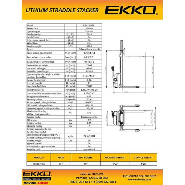 EKKO EB12E-98Li Lithium Straddle Stacker | 98" Lift Height | 2640 lb Capacity |