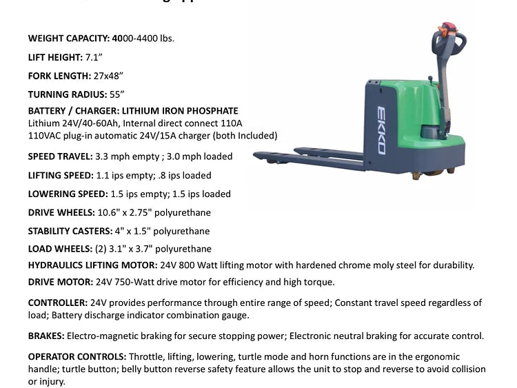 EKKO EP20LI Lithium Iron Phosphate Pallet Jack 4400 lb Capacity - Warehouse Gear Hub 