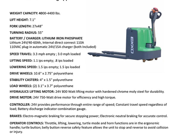 EKKO EP20LI Lithium Iron Phosphate Pallet Jack 4400 lb Capacity - Warehouse Gear Hub 