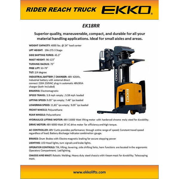 EKKO EK18RRL Stand-Up NA Reach Truck 4000 lb Cap., 196"Lift Ht