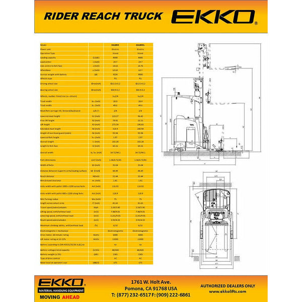 EKKO EK18RRL Stand-Up NA Reach Truck 4000 lb Cap., 196"Lift Ht