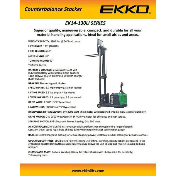 EKKO EK14S-130LI Lithium Counterbalanced Walkie Stacker | SIDE-SHIFTING | 130" Lift Height | 3300 lb Capacity | EK14S-130LI