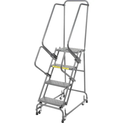 Ballymore Perforated 16"W 4 Step Steel Rolling Ladder 14"D Top Step W/ Handrails - FSH418P