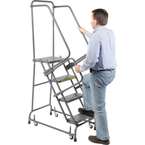 Ballymore Perforated 16"W 4 Step Steel Rolling Ladder 14"D Top Step W/ Handrails - FSH418P