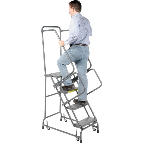 Ballymore Perforated 16"W 4 Step Steel Rolling Ladder 14"D Top Step W/ Handrails - FSH418P